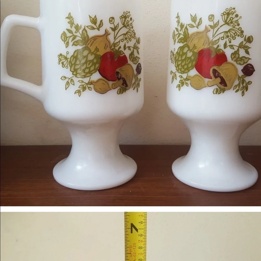 RETRO MUSHROOM PEDESTAL MILK GLASS COFFEE MUGS - SET OF 2